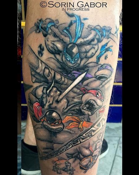 Sorin Gabor - black and gray ninja turtles with color details tattoo